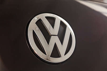 Novosibirsk, Russia - 08.01.18: Rear nameplate and emblem of luxury very expensive new black Volkswagen Touareg car stands in the washing box waiting for repair in auto serviceのeditorial素材