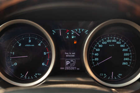 Novosibirsk, Russia - 03.10.2019: View to the interior of Toyota Land Cruiser 200 with dashboard,...