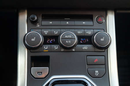 Novosibirsk, Russia - 03.10.2019: View to the interior of Land Rover Evoque with dashboard,...