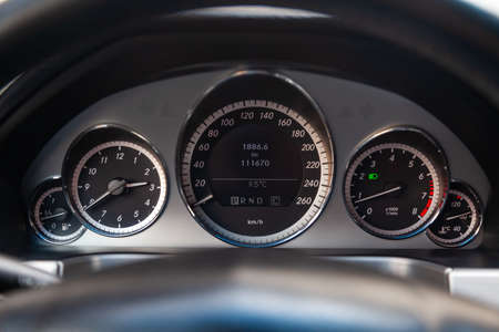 Novosibirsk, Russia - 04.12.2019: The interior of the car Mercedes Benz E-class E250 with a view of...