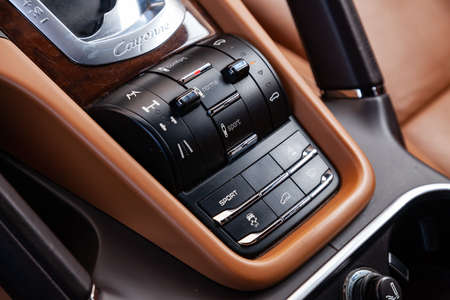 Novosibirsk, Russia - 04.12.2019: The interior of the car Porsche Cayenne 958 2011 year with a view...