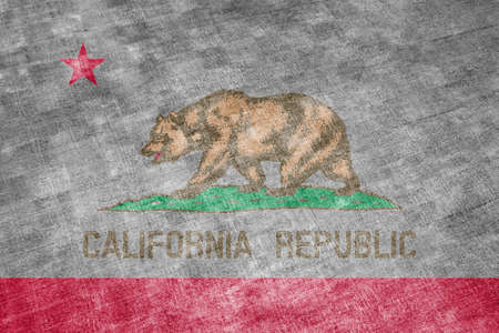 The national flag of the US state California in against a gray textile rag on the day of independence in different colors of blue red and yellow. Political and religious disputes, customs and delivery.の写真素材