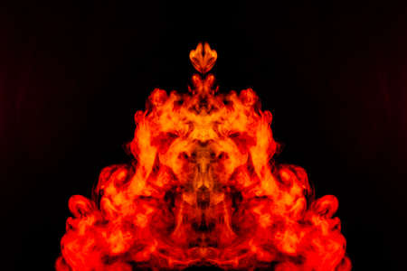 A blob of red and orange smoke in the form of a wavy pattern in the center of the frame depicting...