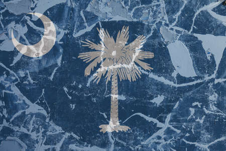The national flag of the US state South Carolina in against a gray wall with cracks and faults on...