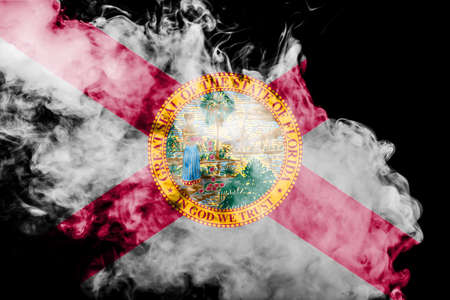 The national flag of the US state Florida in against a gray smoke on the day of independence in different colors of blue red and yellow. Political and religious disputes, customs and delivery.の写真素材