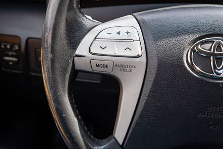 Novosibirsk, Russia - 07.09.2019: View to the interior of Toyota Camry 2006 with steering wheel with...