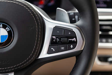 Novosibirsk, Russia - 07.20.2019: View to the white and brown interior of BMW X7 M Performance with...