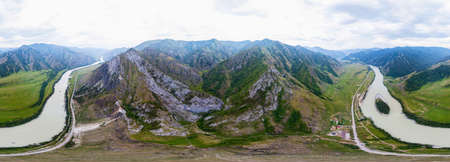 360 degree panoramic aerial view nature and picturesque landscapes near a mountain with a river and...