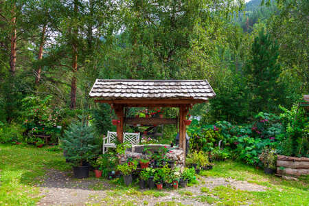 Old retro stone well with a wooden roof with lots of flower pots and small trees in a botanical garden on a summer day. Green fresh plants on the nature.の写真素材