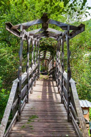 A wooden bridge in the form of a tunnel surrounded by green trees and plants with yellow leaves on a summer or autumn day. Way to destination, achieving goals.の写真素材