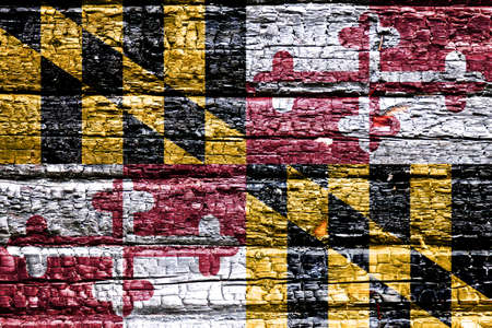 The national flag of the US state Maryland in against a black charred wooden wall on the day of independence. Political and religious disputes, fire department and firefighters.の写真素材