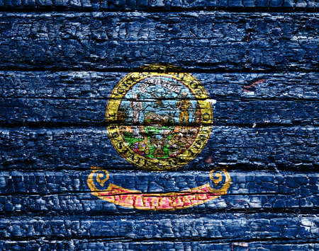 The national flag of the US state Idaho in against a black charred wooden wall on the day of independence. Political and religious disputes, fire department and firefighters.の写真素材