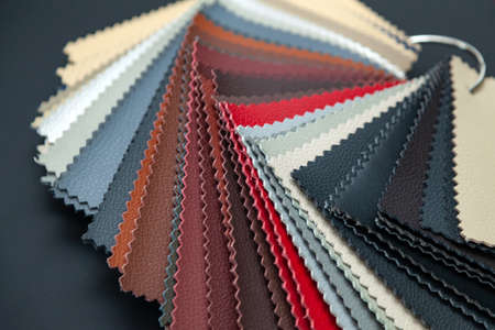 A catalog with samples of genuine leather materials in different colors for the manufacture of...