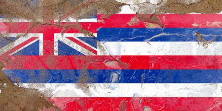 Hawaii grunge, damaged, scratch, old style state flag on wall.