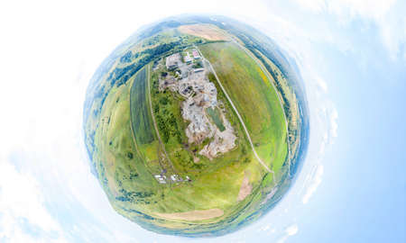 Aerial view 360 panoramic of opencast mining quarry minerals with many machinery tractors and trucks...