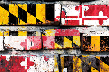 Maryland grunge, damaged, scratch, old style united states flag on brick wall.の写真素材