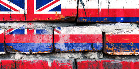 Hawaii grunge, damaged, scratch, old style united states flag on brick wall.の写真素材
