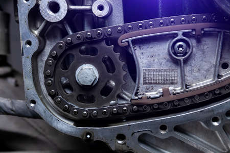 Gear, chain drive shaft in conveyor, belt is on production line. Timing chain of car, tensioners in...