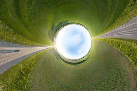 Abstract aerial view of a picturesque landscape while traveling by car on an highway in the middle...