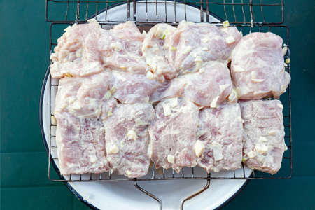 Close-up on top of large fresh pieces of meat pickled in mayonnaise and onions on an iron wire rack grill for cooking over an open fire on a summer day in the family circle.の写真素材