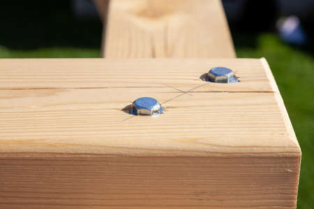 Close-up of fresh wooden beams connected by two self-tapping screws, chrome-plated caps of metal...