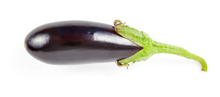 Fresh vegetable placed horizontally on a white isolated background in a photo studio - purple eggplant with a green stem from the squash family.の写真素材