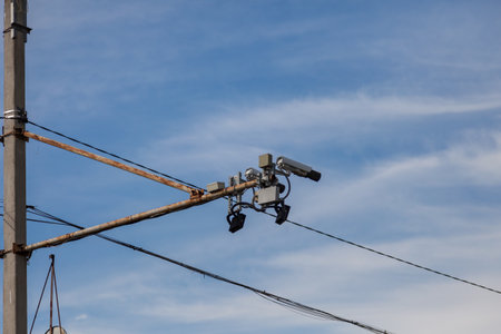 Two radar camera on the side of the road to record the speed of vehicles to automatically determine...