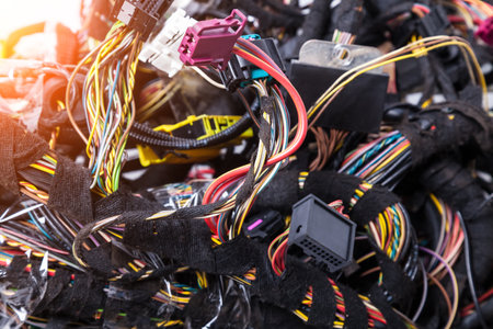Multi-colored electrical wires with connectors of white gray and blue colors in the nodes of the car rewound with insulation tape during network repair by an engineer or mechanic in a car service.の写真素材