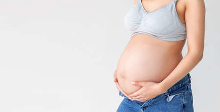 Close-up on the belly of a pregnant woman on a white background in the form of a banner. Treatment and prevention of diseases of pregnant women and newborns.の写真素材
