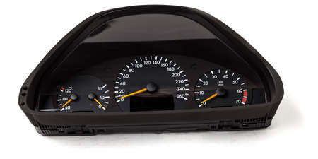 The dashboard of the car with white arrows with a speedometer, tachometer and other tools to monitor...