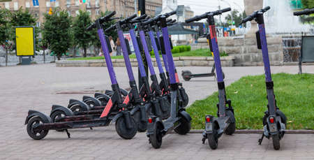 Electric scooters in row on the parking lot City bike rental system, public kick scooters on the...