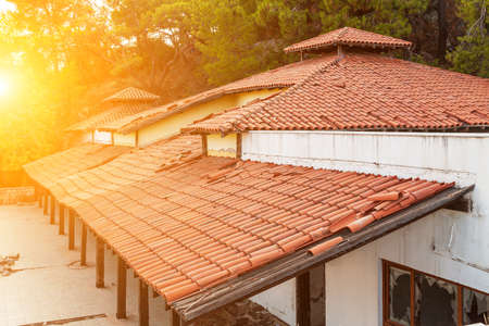 Beautiful summer view of the houses with red tiled roof of the old town in kemer, Turkey.の写真素材