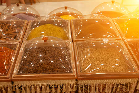 Various spices are a counter on the turkish Bazaar and is famous for exotic herbs and spicesの写真素材
