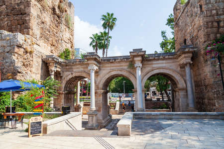 Antalya, turkey - 09.01.2021: famous tourist and archaeological site of Antalya is The Emperor Hadrian's gate in the old city. Travel destinations and vacation in Turkeyのeditorial素材