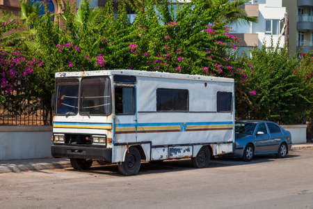 Antalya, turkey - 09.01.21: Old customized minibus on the street with square body