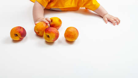 Cute boy in orange t-shirt is picking and touching fresh sodt fruits which are fresh peaches.の写真素材