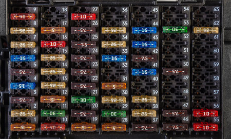 Automotive fuses come in different colors and each color is responsible for the specific value of the protection defined in amperes. Catalog of spare parts.の写真素材