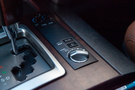 Novosibirsk, Russia - 04. 12. 2022: View to the interior of Toyota Land Cruiser 200 with dashboard, buttons after cleaning before sale on parkingのeditorial素材