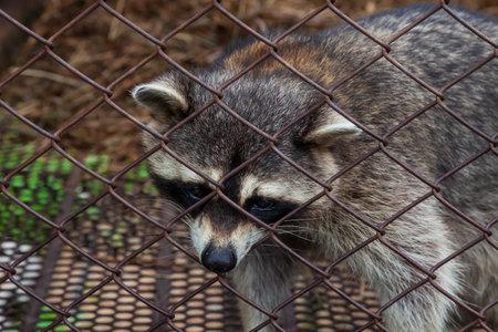 The raccoon in the cage looks sad and plaintively asks for food. Animal in the zoo behind the bars of the fence. Sad raccoon for grid wire in captivityの写真素材