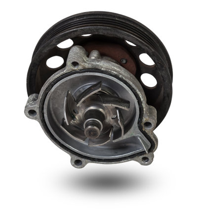 Metal automobile pump for cooling the engine of a water pump on a white background. The concept of...