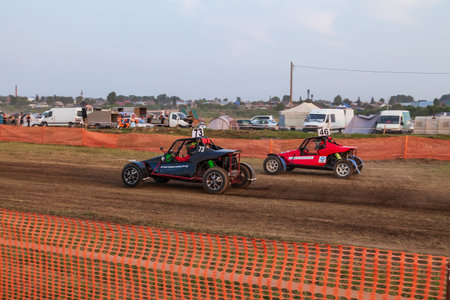 Novosibirsk, Russia - 08.07.2022: A sports buggy on a rally competition track during weekend training on a warm summer day.のeditorial素材