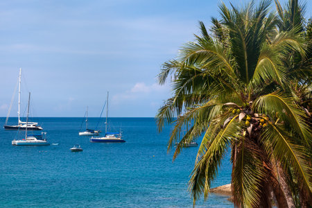 beautiful bright nai harn beach in thailand on phuket island with clear turquoise water in the sea, yachts, white sand and blue sky. A popular tourist place in the hot countries of Asia.の写真素材