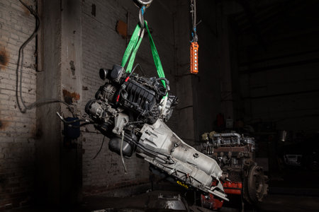 Used v8 engine with eight cylinders suspended mounted on a crane for overhaul repair and installation on a car after a breakdown in the vehicle workshop. Auto service industry. Ð¡ylinder scratches.の写真素材
