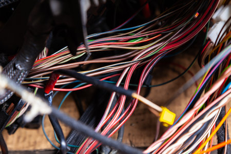 A cable of matted wires of different colors with connectors in the electrical wiring of the car. Internet line in the work of the provider.の写真素材
