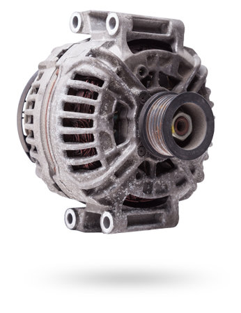 Car generator, car electrical network element on white background, generator details close-up. Spare auto parts for repair.の写真素材