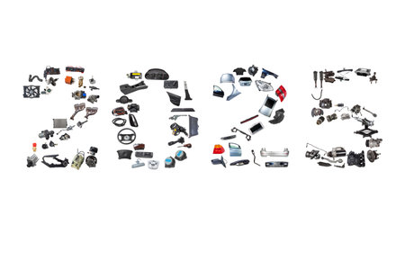 Collage of spare parts with the image of the number twenty twenty three.の写真素材