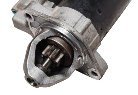 Starter of an internal combustion engine New Spare part for car on a white background. Spare parts...