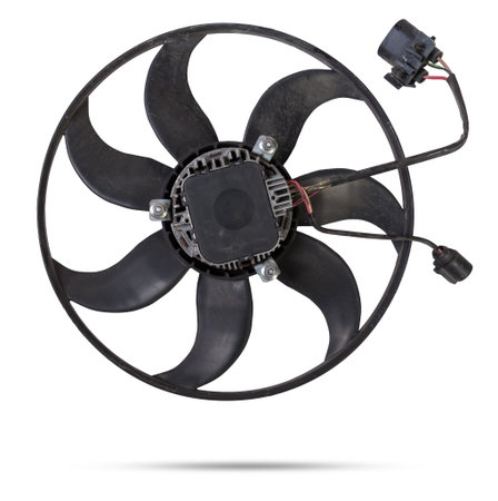 Car cooling fan with plastic blades radiator fan on white background. Car thermal clutch. Radiator fan cooling on white background.の写真素材