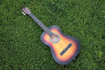 Acoustic guitar lying in the green grass in summer in daylight