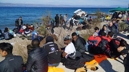 Refugees on the Greek shoreのeditorial素材